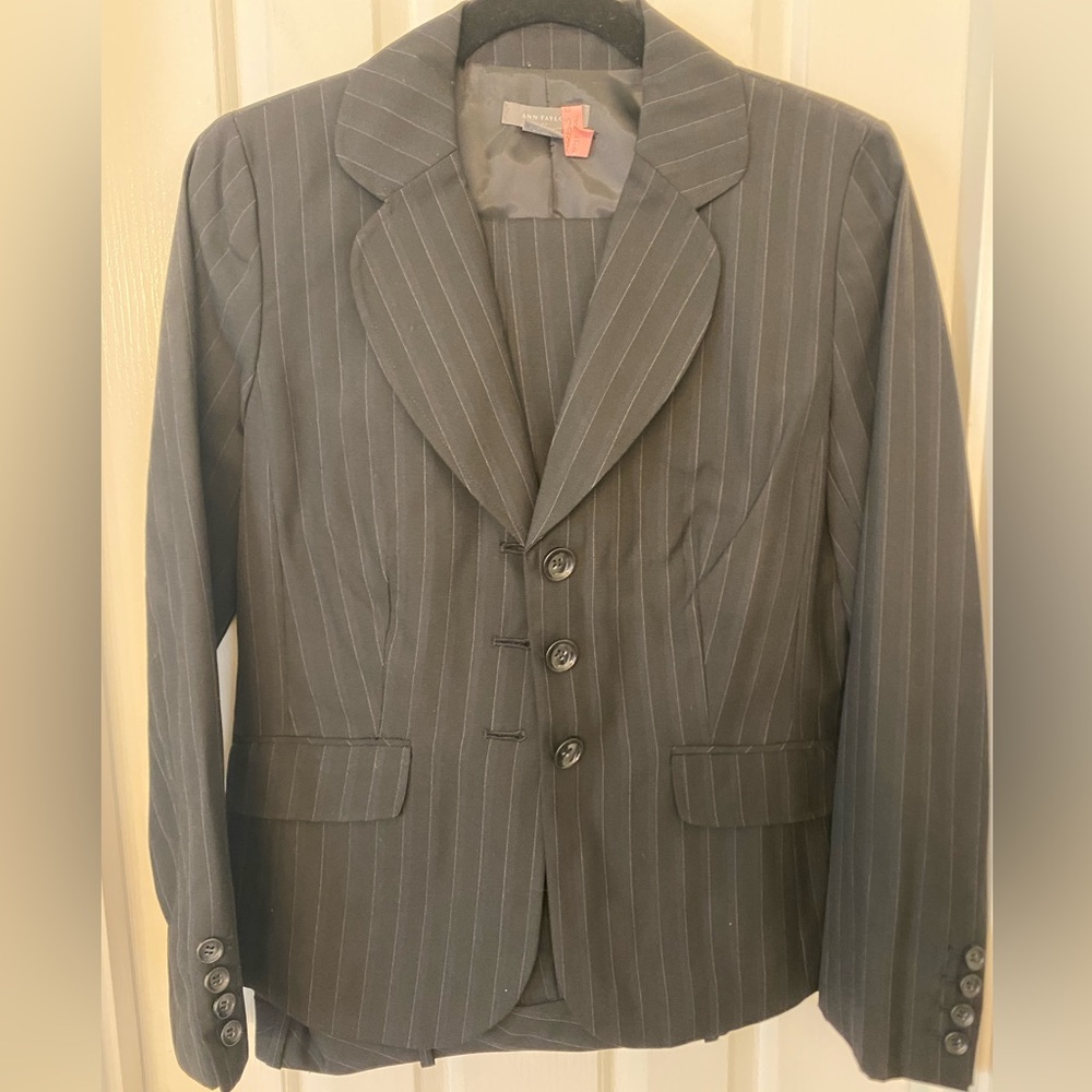 Ann Taylor Pantsuit, Black w/Blue and White Stripes, Size 6